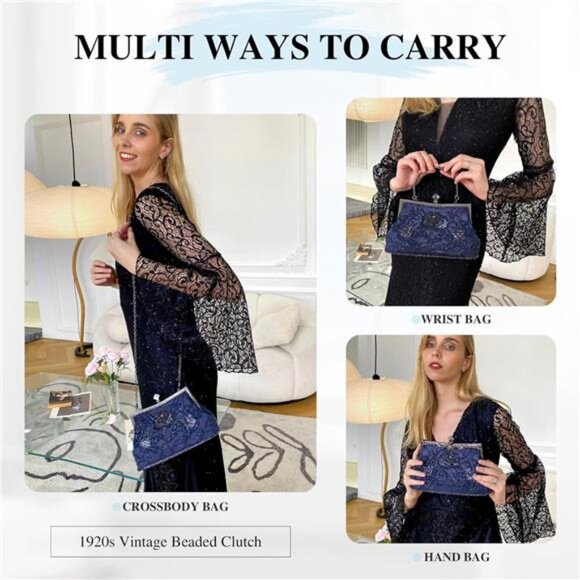 Women's Embroidered Beaded Sequin Evening Clutch Large Wedding Party Purse - Picture 3 of 7